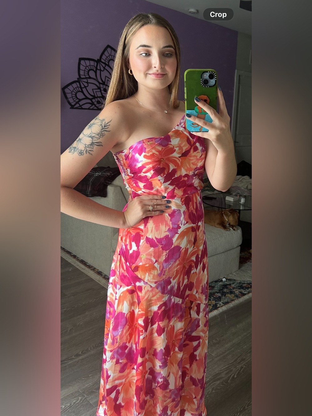 Hello Molly One-Shoulder Pink & Peach Floral Midi Dress - Picture 3 of 8